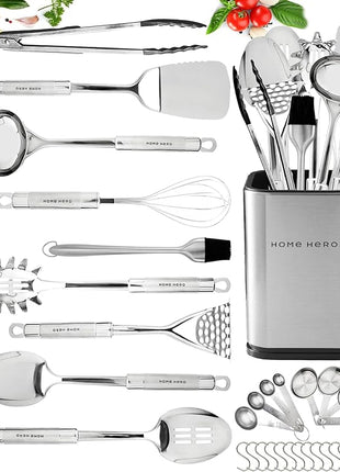 Home Hero 32-Piece Stainless Steel Kitchen Utensil Set - Heat-Resistant Nonstick Silicone Tools - Durable Stainless Steel Cooking Tools - Measuring Cups & Spoons with Holder - 32 Pc, Silver