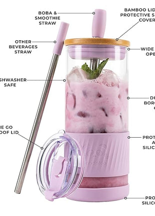 Pandaloo® Glass Cups With Lids and Straws -20 Fl Oz- Perfect Size Iced Coffee Cup - Smoothie Cup With Bamboo Lid and On the go Lid - Glass Tumbler With Straw (1 Count (Pack of 1), Lilac Rhapsody)