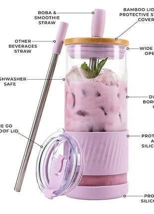 Pandaloo® Glass Cups With Lids and Straws -20 Fl Oz- Perfect Size Iced Coffee Cup - Smoothie Cup With Bamboo Lid and On the go Lid - Glass Tumbler (2 Count (Pack of 1), Lilac-Sage)