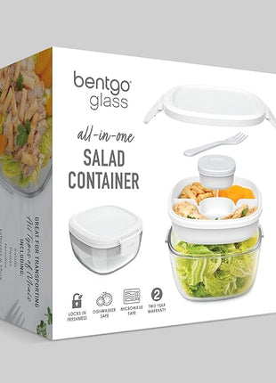 Bentgo Glass All-in-One Salad Container - Large 61-oz Salad Bowl with Lid, 4-Compartment Bento-Style Tray, 3-oz Sauce Container, and Reusable Fork - Dishwasher, Microwave, and Oven Safe (White)