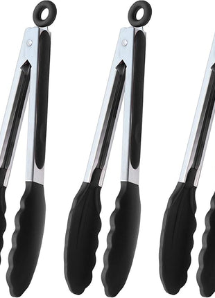 Serving Tongs 9-Inch Cooking Tongs with Silicone Tips, Set of 3 (Black)