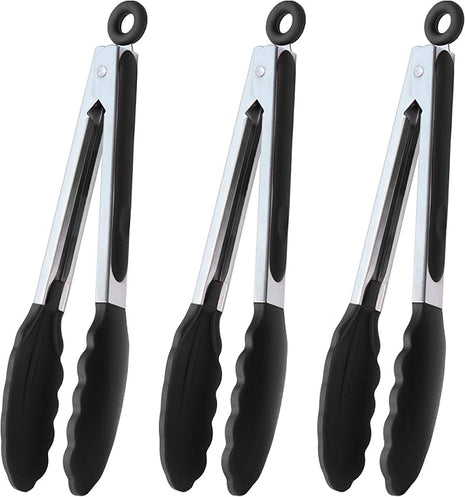 Serving Tongs 9-Inch Cooking Tongs with Silicone Tips, Set of 3 (Black)