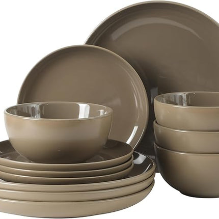 Gibson Home Rockaway 12 Piece Plates and Bowls Matte Outside/Shiny Inside Glaze Service for 4 Dinnerware Set - Brown - Dishwasher and Microwave Safe