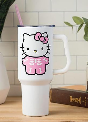 Silver Buffalo Sanrio Hello Kitty Halloween Spooky Skeleton Costume Stainless Steel Tumbler with Handle and Straw, Fits in Standard Cup Holder, 40 Ounces (Pack of 12)