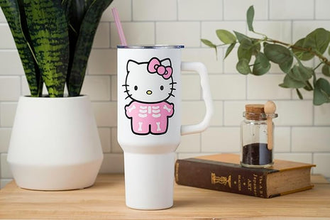 Silver Buffalo Sanrio Hello Kitty Halloween Spooky Skeleton Costume Stainless Steel Tumbler with Handle and Straw, Fits in Standard Cup Holder, 40 Ounces (Pack of 12)