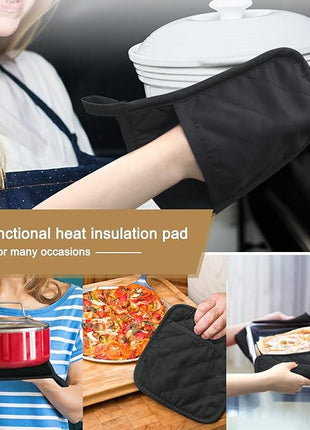 Cotton and Neoprene Oven Pads Pot Holder with Pocket 8"x8.5" Dual-Function Hot Pad Set for Finger Hand Wrist Protection Heat Resistant to 428°F Black
