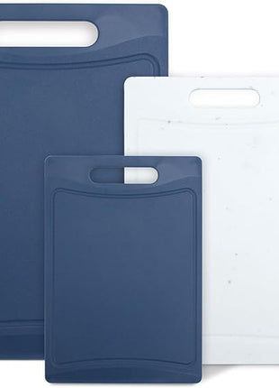 COOK WITH COLOR Non-Slip Cutting Board Set – Kitchen Essentials with Easy Grip Handle for Meat, Veggies, and Fruits, 3 Cutting Boards, Blue and White Marble