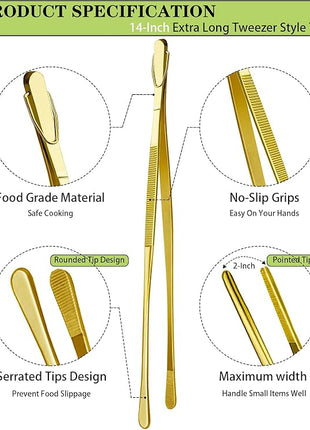 JETKONG 2 Pcs 14-Inch Cooking Tweezers Extra Long Stainless Steel Food Tweezers Kitchen Tweezer Tongs (Gold)