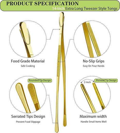 JETKONG 2 Pcs 14-Inch Cooking Tweezers Extra Long Stainless Steel Food Tweezers Kitchen Tweezer Tongs (Gold)