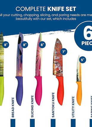 CHEF'S VISION Landscape Knife Set - 6-Piece Stainless Steel Cutting Knives Set for Kitchen with Stunning Nature Scenes - Perfect House Warming Gift for Women or Men - Unique Kitchen Knife Set Gift