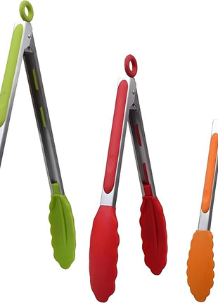 Popco 3 Piece Kitchen Tongs Set 7, 9, 12 Inch - Stainless Steel Nonstick Tongs with Silicone Tips - Heat Resistant and Dishwasher Safe for Cooking, Grilling, Salad, and Everyday Serving