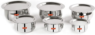Sumeet Stainless Steel Belly Shape 6 Pc Tope/Cookware/Pot Set with Lid 380ML, 500ML, 780ML, 1.1Ltr, 1.4Ltr, 1.75Ltr (Silver)
