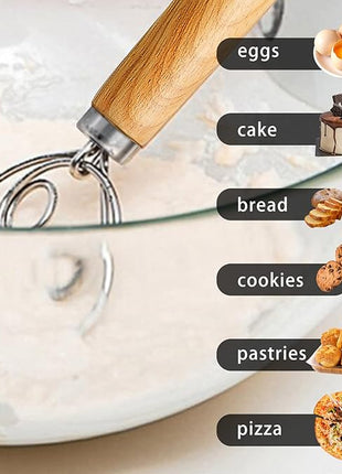 TEEVEA Danish Dough Whisk Stainless Steel Dough Hook Dutch Whisk for Sourdough Bread Dough Mixer Hand Wooden Handle Kitchen Whisking Mixing Tool Bread Making Tools and Supplies
