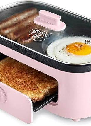GreenLife 3-in-1 Breakfast Maker Station, Healthy Ceramic Nonstick Dual Griddles for Eggs Meat Sausage Bacon Pancakes and Breakfast Sandwiches, 2 Slice Toast Drawer, Easy-to-use Timer, Pink