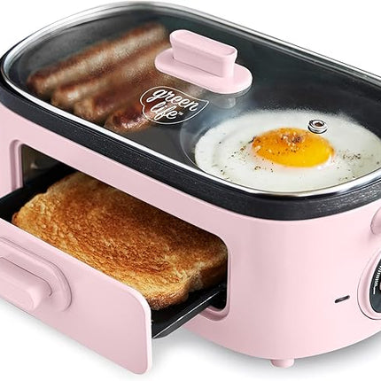 GreenLife 3-in-1 Breakfast Maker Station, Healthy Ceramic Nonstick Dual Griddles for Eggs Meat Sausage Bacon Pancakes and Breakfast Sandwiches, 2 Slice Toast Drawer, Easy-to-use Timer, Pink