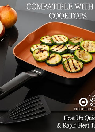 Moss & Stone Square Grill Pan For Indoor Cooking, 9.5In Frying Pan Copper Non-Stick Saute Fry Pan, Induction Copper Pan for Meats & Vegetables, Aluminum Griddle Nonstick Stove Top Grill Pan