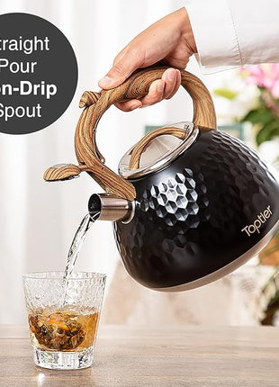 Tea Kettle, Toptier Teapot Whistling Kettle with Wood Pattern Handle Loud Whistle, Food Grade Stainless Steel Tea Pot for Stovetops Induction Diamond Design Water Kettle, 2.7-Quart Black