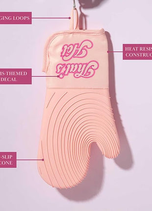 Paris Hilton Oven Mitt Set with Iconic That's HOT Design, Heat Resistant Pot Holders Featuring Non-Slip Textured Silicone Grips, 2-Piece Set, Pink