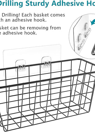 MaraFansie Over the Cabinet Door Organizer Wall Wire Baskets Hanging Kitchen Basket Shelf for Cabinet & Pantry Organization and Kitchen, Bathroom, Bedroom Storage, with Adhesive, Black, 3 Pack