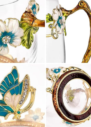 OEAGO Birthday Gifts for Women Mom Glass Coffee Enamels Mug Best Mothers Day Butterfly Gifts for Her from Daughter Son Lead-Free Christmas Tea Cup with Spoon Sets