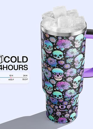 ENCOOL 40oz Halloween Tumbler with Handle and Straw, Stainless Steel Insulated Water Bottle with Straw, Leak-Proof, Cup Holder Friendly, Keeps Cold 24 H, Gifts for Women Men, Floral Afterlife