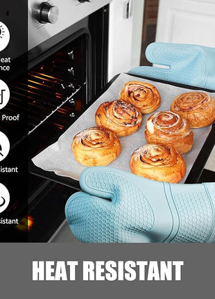 Rorecay 6pcs Oven Mitts and Pot Holders Sets, Extra Long Silicone Oven Gloves Heat Resistant 500 Degrees Non-Slip Potholders Hot Pads for Kitchen Baking Cooking, Quilted Liner, Winter Sky