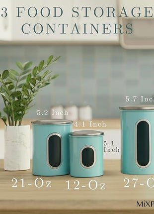 Mixpresso 3-Piece Aqua Blue Canisters Sets For The Kitchen, Airtight Canister Set With See Through Window, Storage Jars for Coffee Container, Tea Organizer & Sugar Canister, Kitchen Canisters