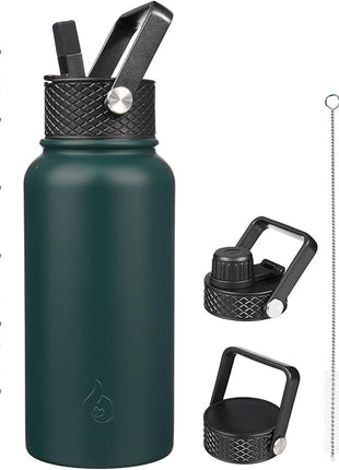 BJPKPK Insulated Water Bottles with Straw Lid, 27oz Stainless Steel Water Bottle with 3 Lids, Leak Proof BPA Free Metal Thermo, Mugs, Tumblers, Keep Cold Hot -Army Green