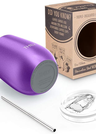 THILY Vacuum Insulated Stemless Wine Tumbler Triple-Insulated Stainless Steel Wine Glass with Lid, Reusable Straw, 12 oz, Wine, Coffee, Cocktails, Gifts Ideas for Women, Her, Girls, Purple