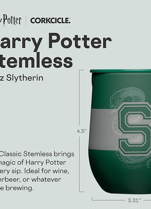 Corkcicle Stemless Insulated Wine Glass Tumbler - Keeps Beverages Cold 6 Hrs Hot 3 Hrs - Stainless Steel - Easy-Grip - Summer Drinkware Gift - Keeps Drinks Ice Cold - 12 oz - Slytherine