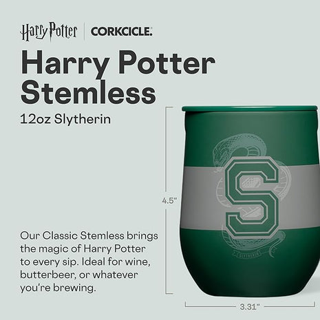 Corkcicle Stemless Insulated Wine Glass Tumbler - Keeps Beverages Cold 6 Hrs Hot 3 Hrs - Stainless Steel - Easy-Grip - Summer Drinkware Gift - Keeps Drinks Ice Cold - 12 oz - Slytherine