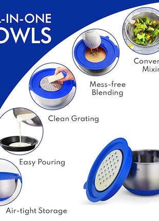 Belwares Mixing Bowls with Lids Set - Nesting Bowls with Graters, Handle, Pour Spout, Airtight Lids - Stainless Steel Non-Slip Mixing Bowl for Cooking, Baking, Prepping, Food Storage (Set of 3)
