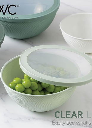 COOK WITH COLOR Mixing Bowls with Lids - 12 Piece Plastic Nesting Bowls Set includes 6 Prep Bowls and 6 Lids, Rhombus Design - Microwave Safe (Sage)