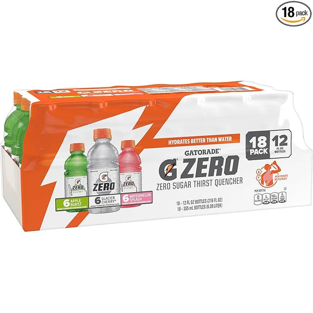 Gatorade G Zero Sports Drink, Glacier Cherry, Watermelon Splash, Apple Burst Variety Pack, 12 Fl Oz (Pack of 18)