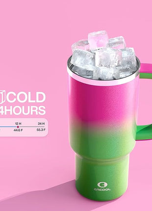 32 oz Tumbler with Handle and Straw: Stainless Steel Insulated Tumbler Keeps Cold for 24 Hours, Leakproof Travel Cup Fits in Cup Holder and BPA-Free, Fuchsia