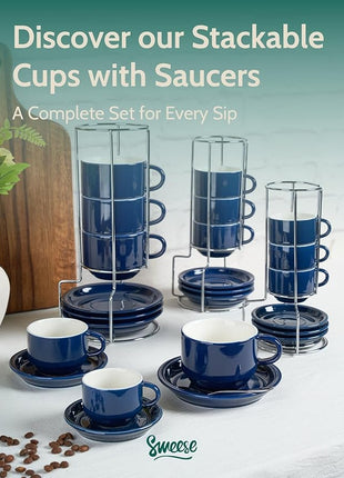 Sweese 2.5 Ounce Porcelain Stackable Espresso Cups with Saucers and Metal Stand Set of 4, Navy