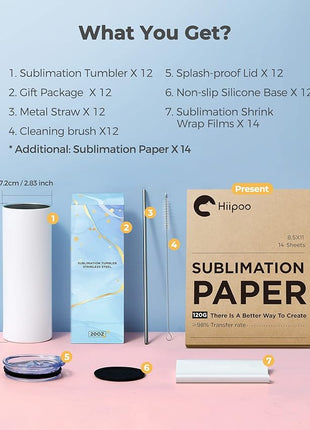 Hiipoo 12 Pack Sublimation Tumblers Blank 20 oz Straight Skinny with Sublimation Papers, Lids and Straws, Shrink Wrap Films, Stainless Steel Double Wall Insulated Tumbler for Mug Press Machine