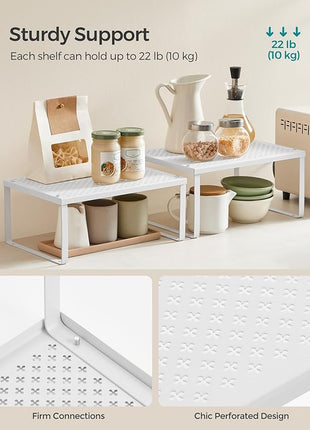 SONGMICS Spice Racks, Set of 2 Metal Cabinet Shelf Organizers, Countertop Organizers, Shelf Risers, Stackable, Expandable, White UKCS01WT