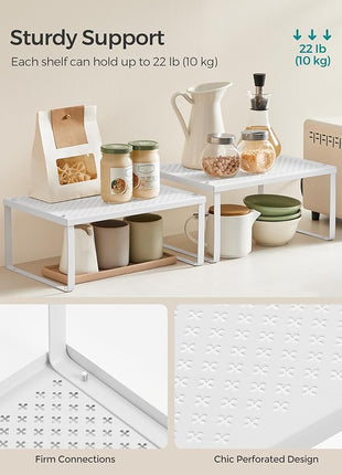 SONGMICS Spice Racks, Set of 4 Metal Cabinet Shelf Organizers, Countertop Organizers, Shelf Risers, Stackable, Expandable, White UKCS006W01