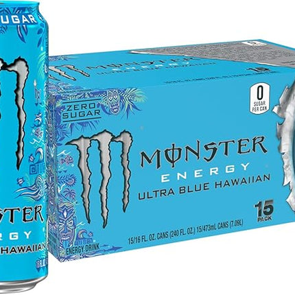 Monster Energy Ultra Blue Hawaiian, Sugar Free Energy Drink, 16 Ounce | Pack of 15