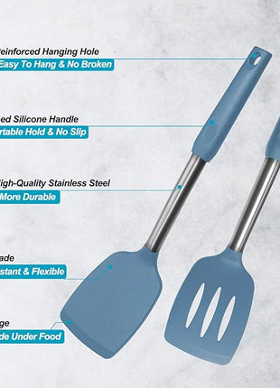 2 Pack Spatulas, Solid & Slotted Silicone Spatula Set, Stainless Steel Handle Coated with Silicone, Non Stick, Heat Resistant Rubber Flipper for Fish, Eggs, Pancakes, WOK, Starry Blue