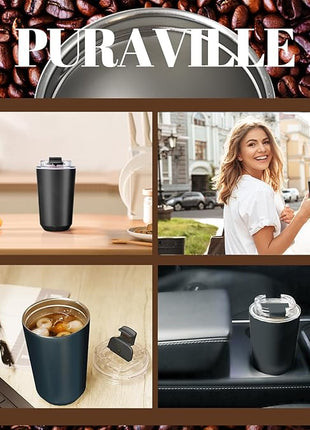 Puraville Insulated Tumblers with Lid, 14 oz Travel Coffee Mug Stainless Steel Vacuum Cup, Leak Proof Reusable Double Walled Coffee Tumbler for Iced and Hot Drinks, Black
