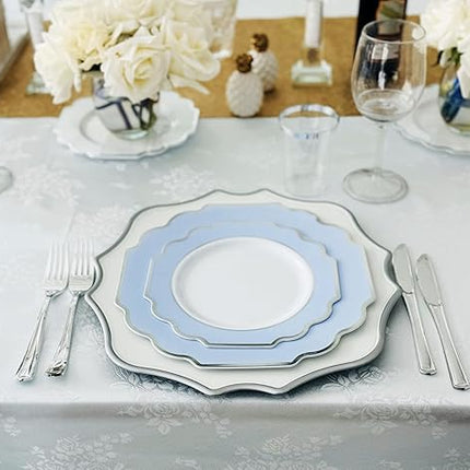 " OCCASIONS " 120 Plates Pack,(60 Guests) Heavyweight Premium Wedding Party Disposable Plastic Plates Set -60 x 10.5'' Dinner + 60 x 8'' Salad/Dessert (Imperial in White/Blue & Silver)