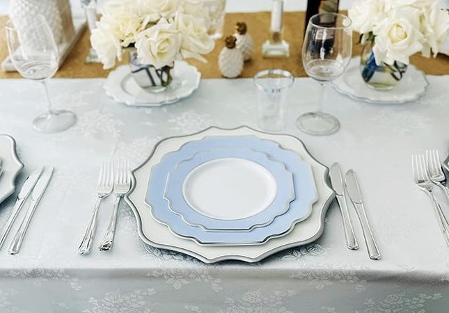 " OCCASIONS " 240 Plates Pack (120 Guests) Heavyweight Wedding Party Disposable Plastic Plates Set -120 x 10.5'' Dinner + 120 x 8'' Salad/Dessert Plate (Imperial in White/Blue & Silver)