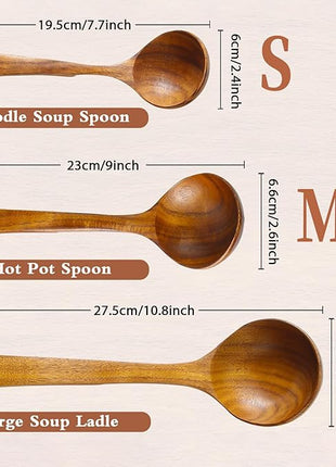 Wooden Ladle for Soup, 3Pcs Wooden Spoons for Cooking, Non-Stick Wood Spoon, Natural Teak Wood Cooking Spoons, Kitchen Utensils Spoons Set