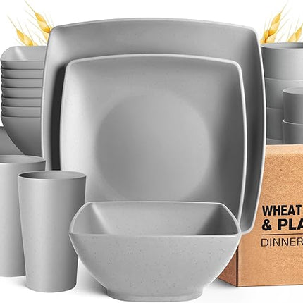 Teivio 32-piece Plastic Wheat Straw Square Dinnerware Set for 8, Unbreakable Dinner Plates, Salad Plates, Snack Bowls, Tumblers, Dishwasher Safe, Light Gray