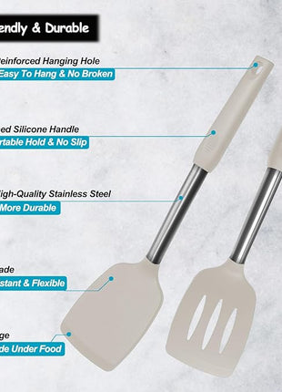 Silicone Spatula and Cooking Spoon,5 Pack Non-Stick Cooking Utensils for Kitchen，Heat Resistant Solid & Slotted Spoons and Spatulas, Stainless Steel Handle Coated with Silicone, Khaki