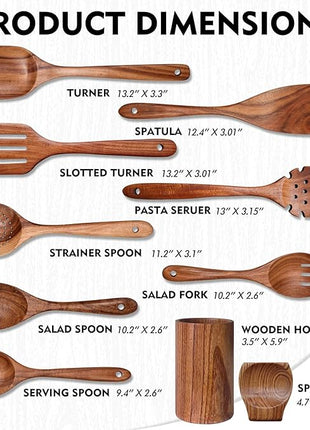 Wooden Spoons for Cooking 10 Pieces Set, Kitchen Utensils Spatula, Wooden Cooking Utensils Spoons, with Spoon Rest, Strainer Spoon, Pasta server, Fried Spatula and Salad Fork, Utensil Holder