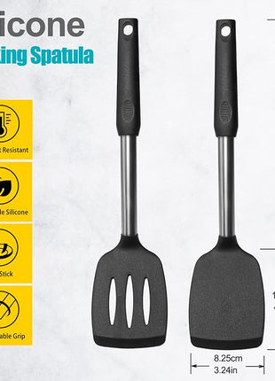 2 Pack Spatulas, Solid & Slotted Silicone Spatula Set, Stainless Steel Handle Coated with Silicone, Non Stick Turners, Heat Resistant Rubber Spatulas for Fish, Eggs, Pancakes, WOK, Black