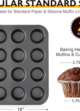 HONGBAKE Muffin Pan for Baking, Nonstick Cupcake Tin 12 Cup, 2 Pack Cup Cake Tray, Premium Cheesecake Pans, Dishwasher Safe - Dark Grey